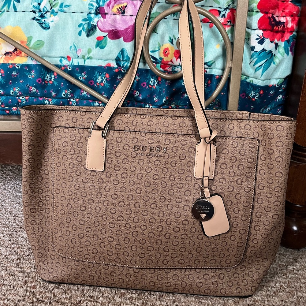 Guess Brown and Tan Structured Tote Bag with Monogram